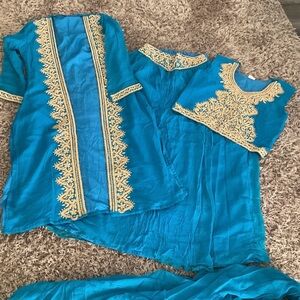 Elegant Blue and Gold Embroidered Outfit